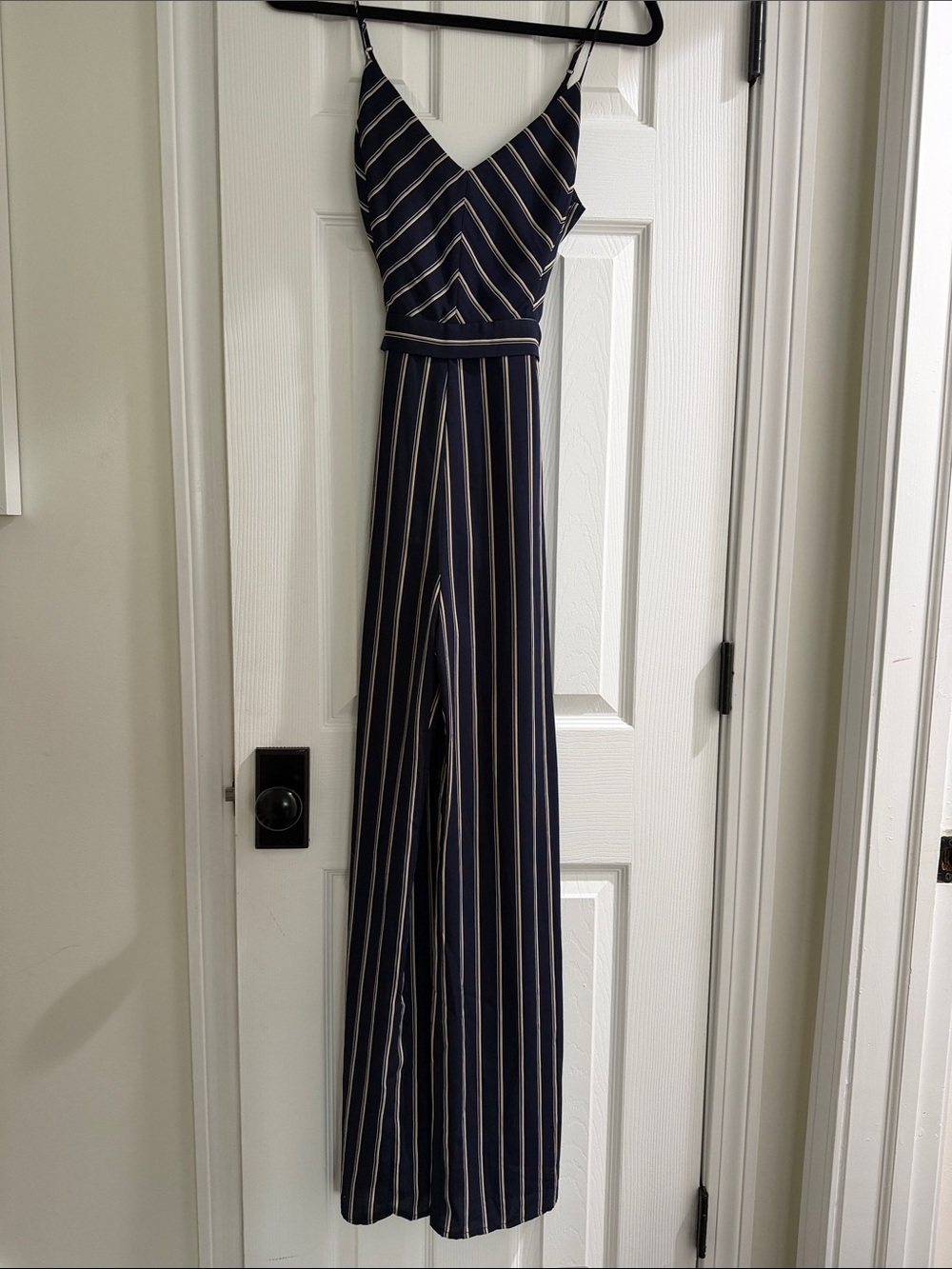 Lush Navy and Cream Striped V‑Neck Wide‑Leg Jumpsuit